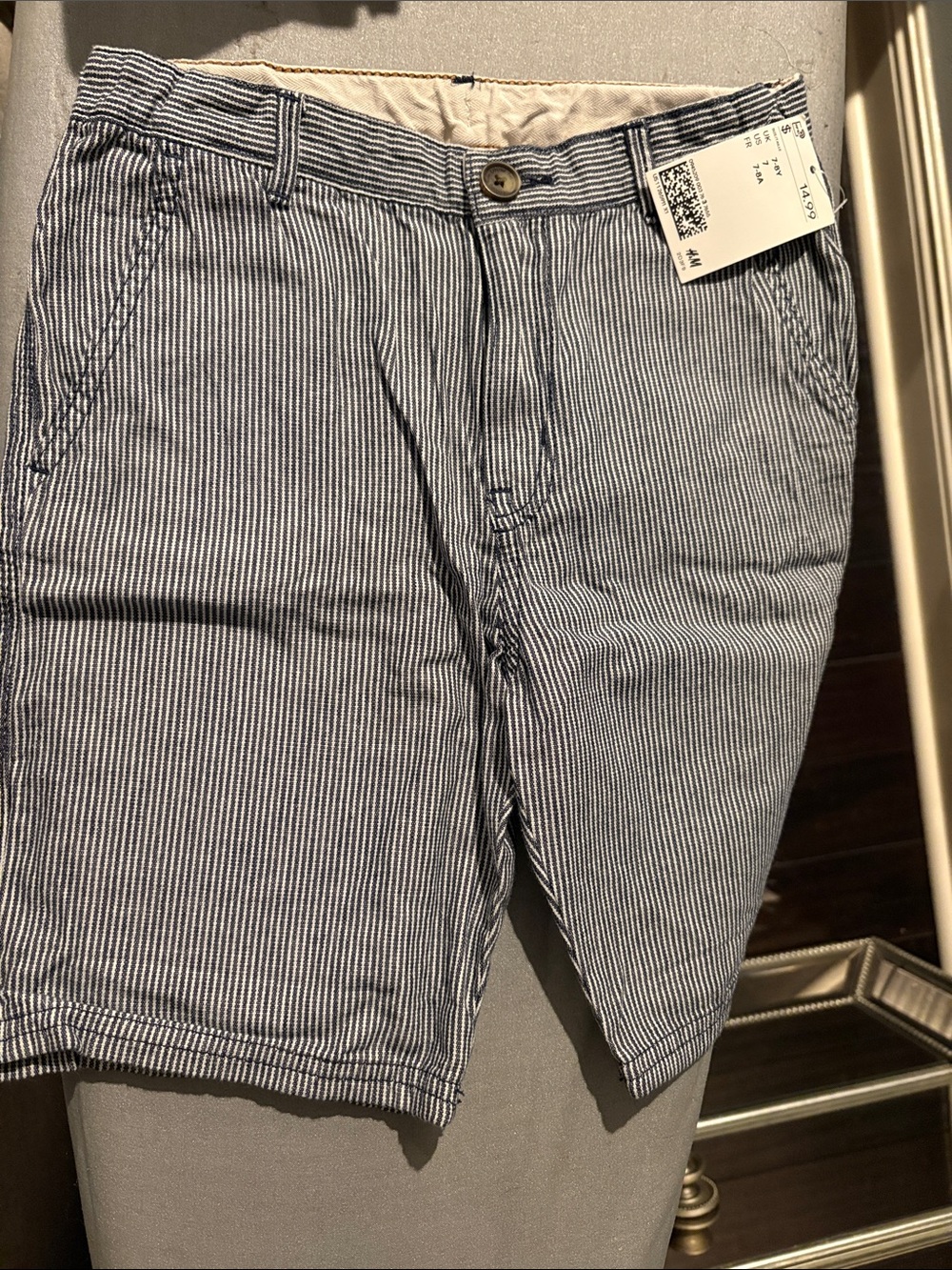 H&M Blue and White Seersucker Stripe Flat-Front Shorts